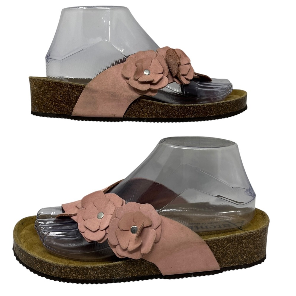 Autenti Women's Leather Blush Pink Floral Wedge Sandals Size 38 Made in Spain